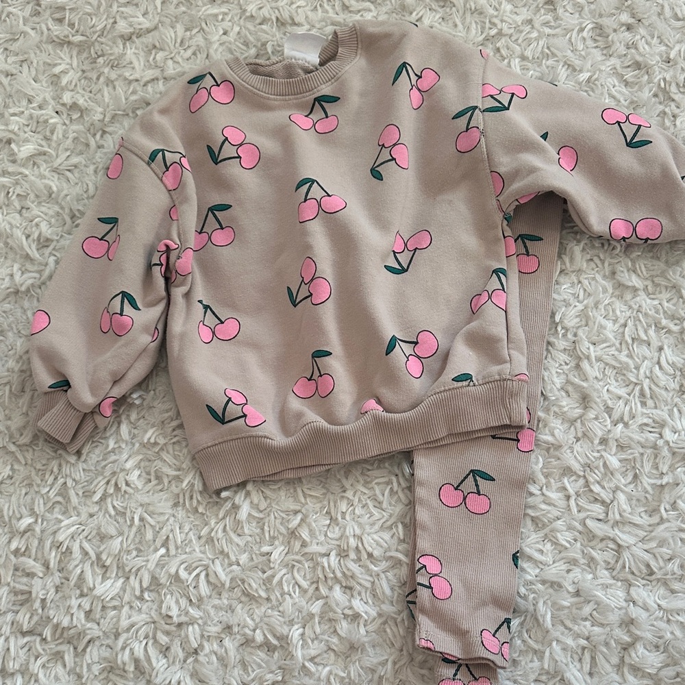 ZARA Pink Cherries Print Tan Sweatshirt and Ribbed Leggings